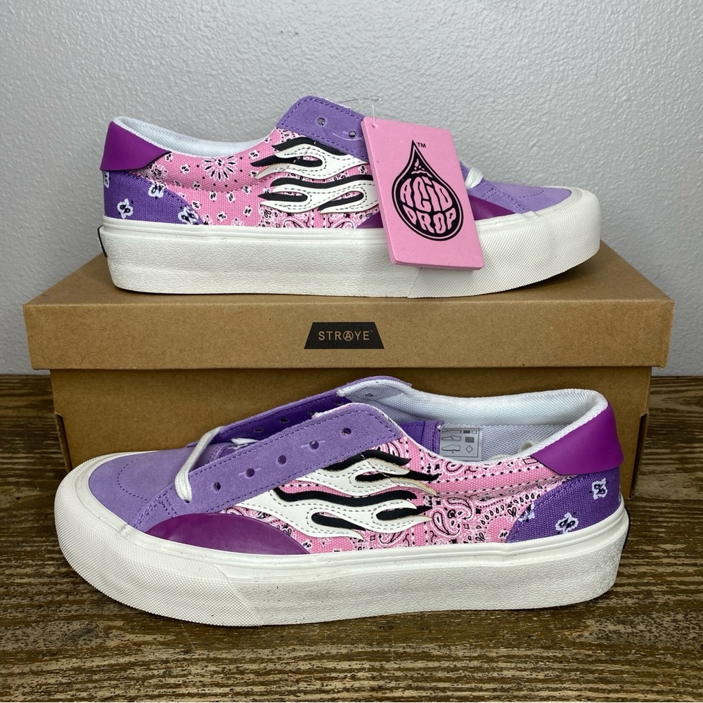NEW mens straye Logan skateboarding shoes mixed rags paisley purple pink size 9